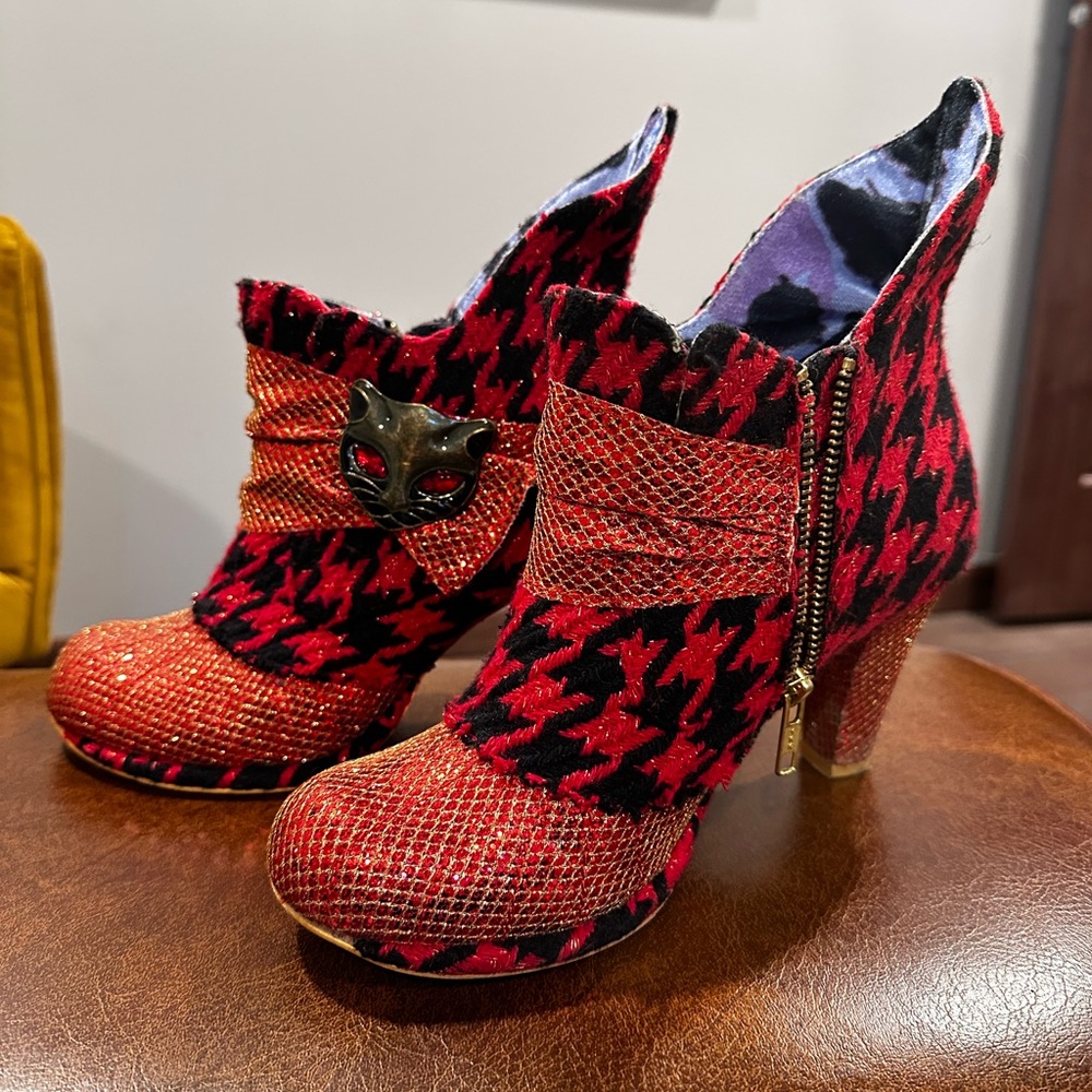 Irregular Choice Miaow Red Black Houndstooth Heeled Boots w Cats no longer made